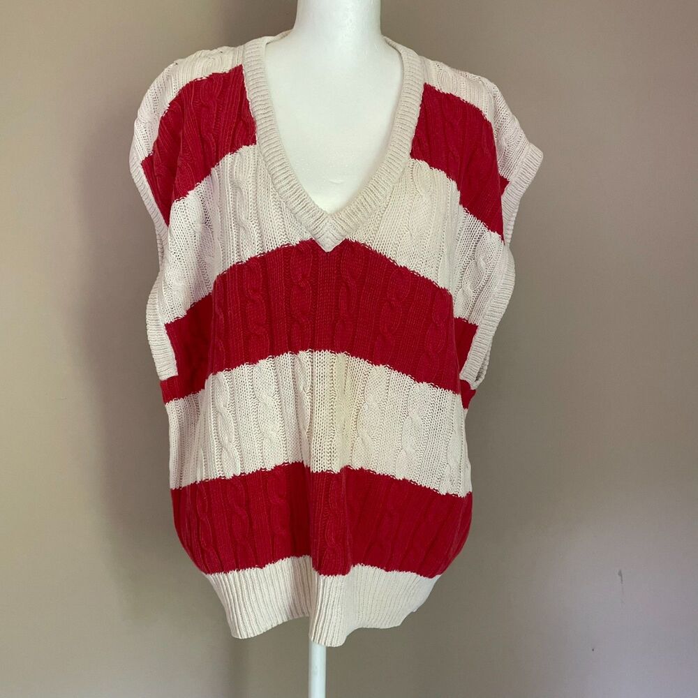 Palmetto’s Y2K L Cotton Blend Academia Preppy Cable Knit Striped Sweater Vest